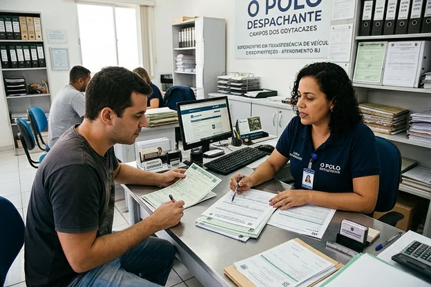 Cliente recebendo orientações sobre transferência de veículo em Campos dos Goytacazes.